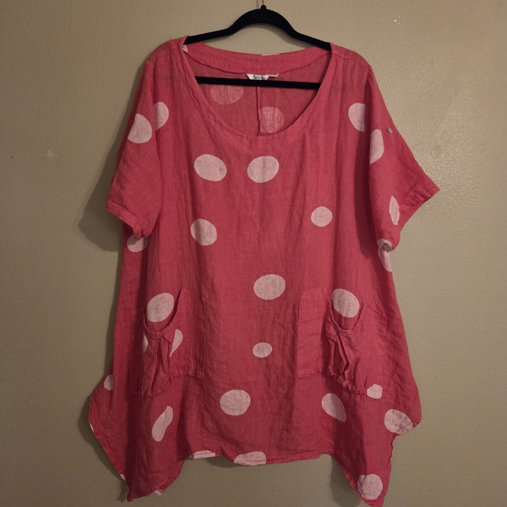 @ Kaktus Pink Polka Dot Linen Tunic